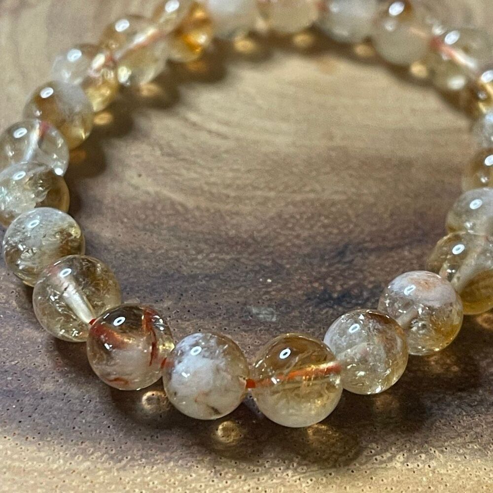 Citrine beaded beads stretch bracelet 8mm yellow clear crystal healing 7” new ha